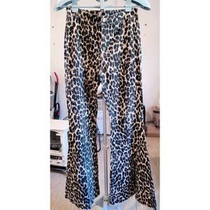 Macaron Boutique Ultra Flare Bell Bottom Raw Hem Pants Brown Black Leopard Sz M